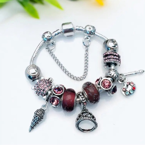 NEW Sterling Silver Burgundy Cute Charm Bracelet - Picture 2 of 2